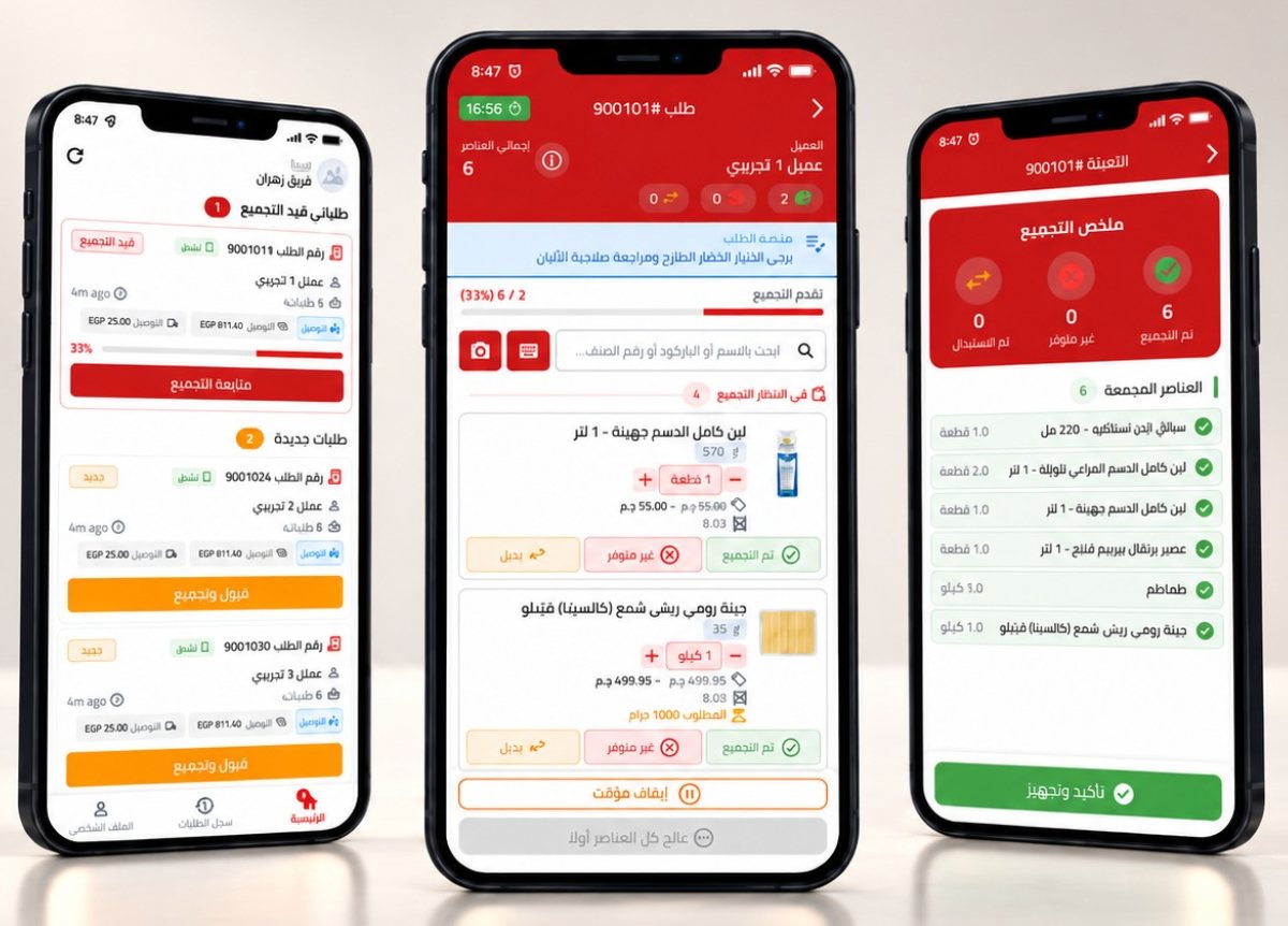 ثلاث شاشات من تطبيق التجهيز في زهران ماركت: الطلبات الجديدة وقيد التجميع، وتجميع الأصناف بالباركود مع خيار البديل وغير المتوفر، وملخص التجميع قبل التأكيد